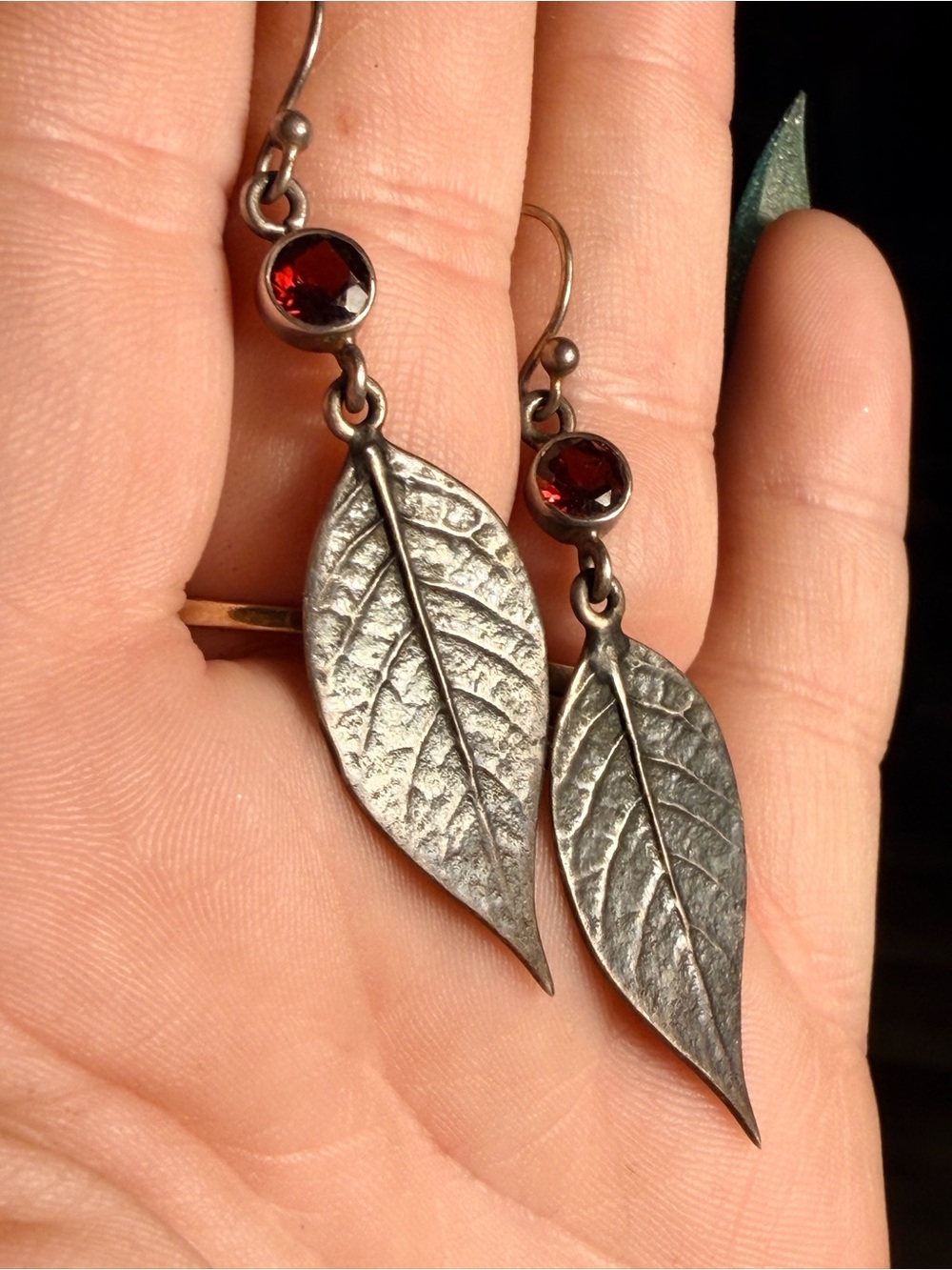 Sterling Leaf Drop Earrings with Garnet Crystal Accent - Red